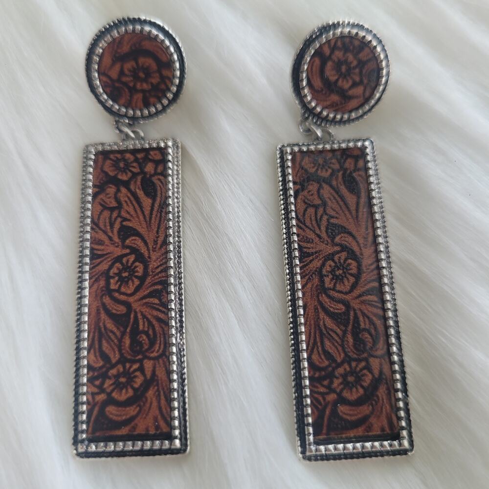 Faux Leather Flower Print Dangle Post Earrings‎ Alloy Silver Plated